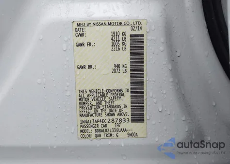 2014 Nissan Altima 2.5/2.5 S/2.5 Sl/2.5 Sv из США, поврежденный, VIN 1N4AL3AP4EC287833